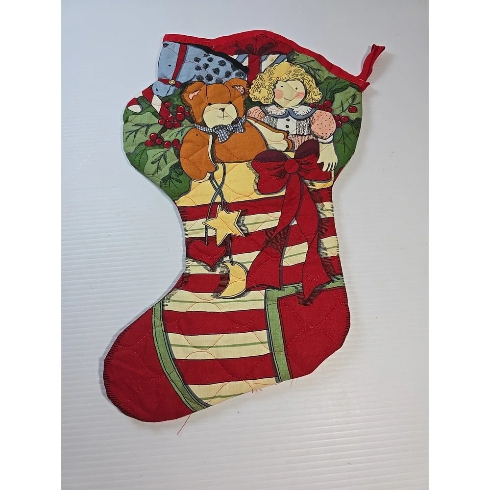 Vintage Machine Quilted Christmas Stocking w/ Holly and Bunny Doll 19